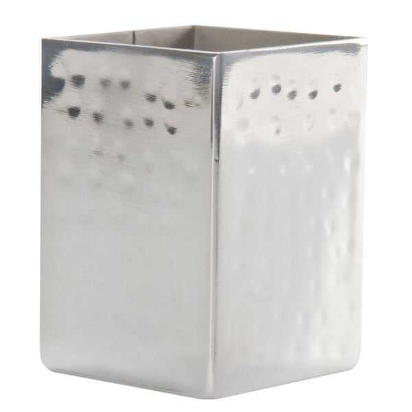 An American Metalcraft stainless steel square container with holes.