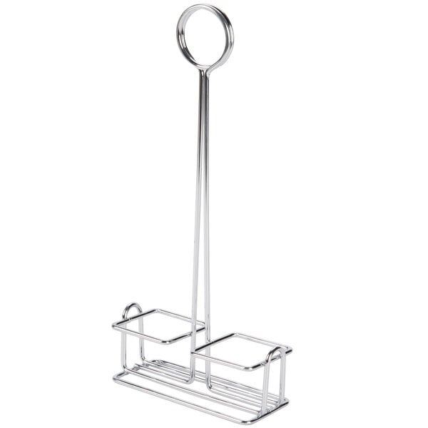 A chrome metal rack with hooks for two round silver salt and pepper shakers.