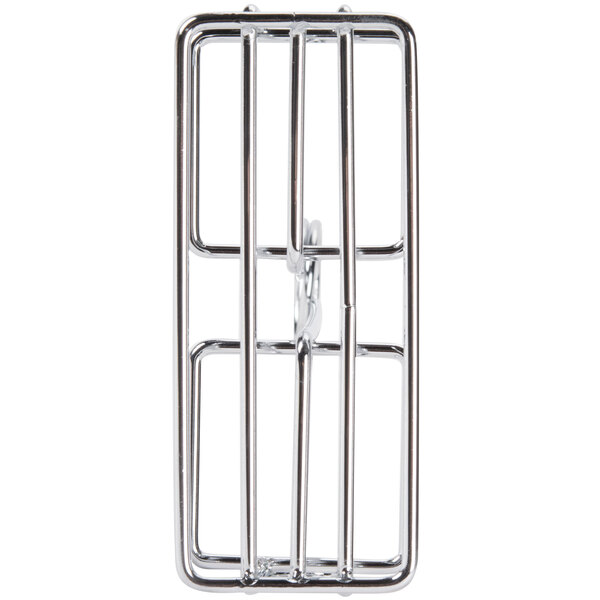A round metal rack with metal bars for holding salt and pepper shakers.