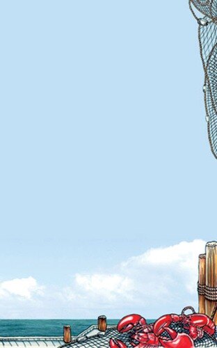 Menu paper with a white background and a cartoon of a lobster trap with a fishing net.