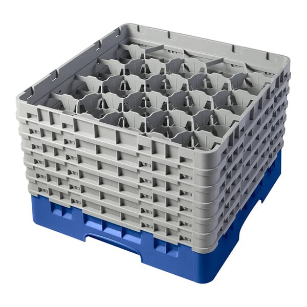 A blue and gray plastic glass rack with 20 compartments and six extenders for holding and washing glassware.