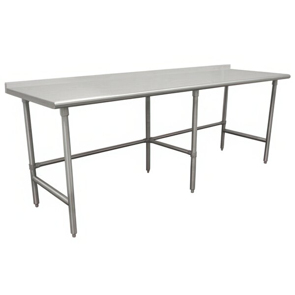 An Advance Tabco stainless steel work table with a backsplash on a white surface.