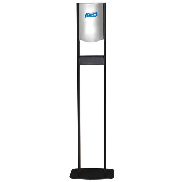 A black and silver Purell hand sanitizer dispenser stand with a rectangular base.