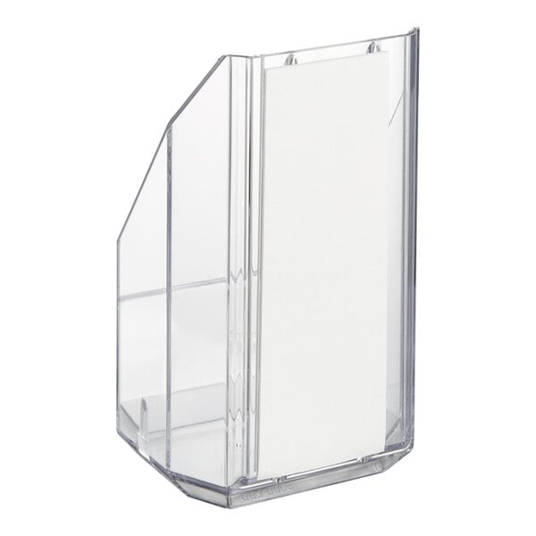 A clear plastic holder for a Purell pump bottle.