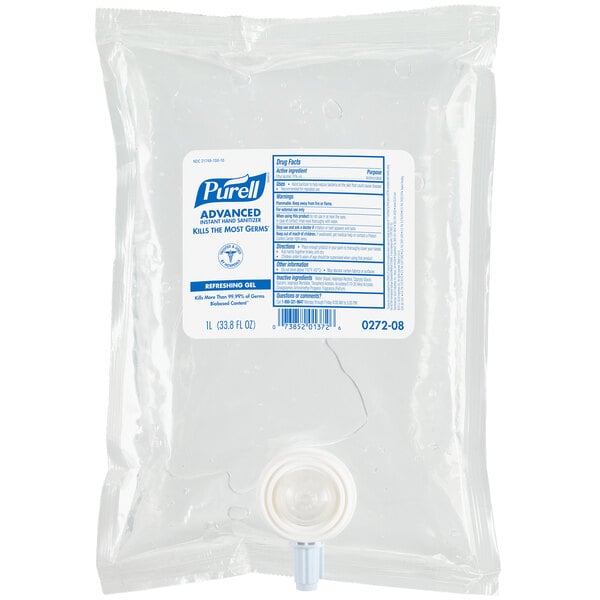 A plastic bag of Purell hand sanitizer gel with a white label and cap.