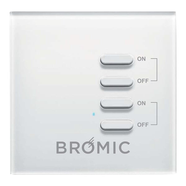 A close-up of the white Bromic Heating Smart-Heat on/off control with a grey logo and white square buttons.