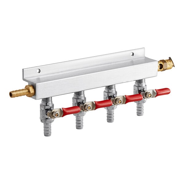A Beverage-Air 4-way draft manifold with red and silver valves.