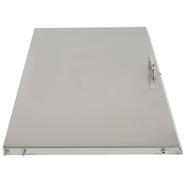 A white rectangular stainless steel pan rail lid with metal handles.
