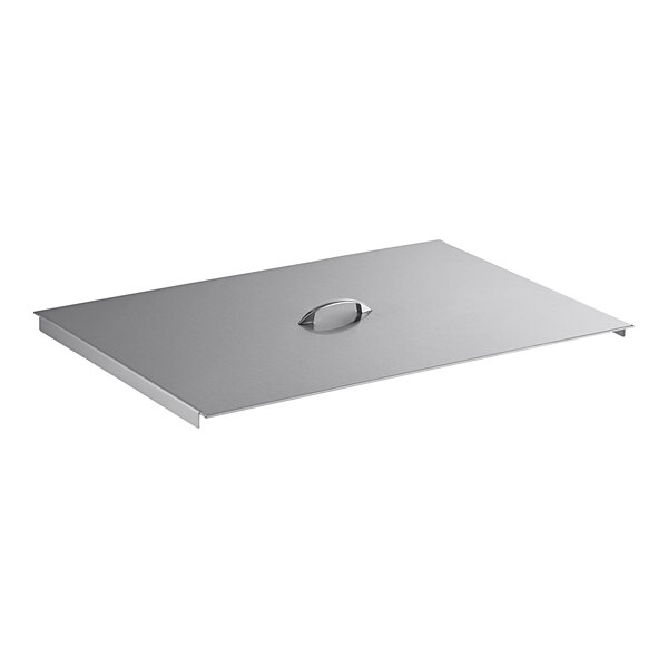 A silver rectangular stainless steel cover with a handle.