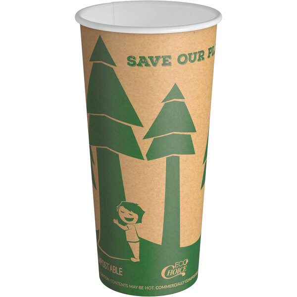 An EcoChoice Kraft paper hot cup with a tree print.