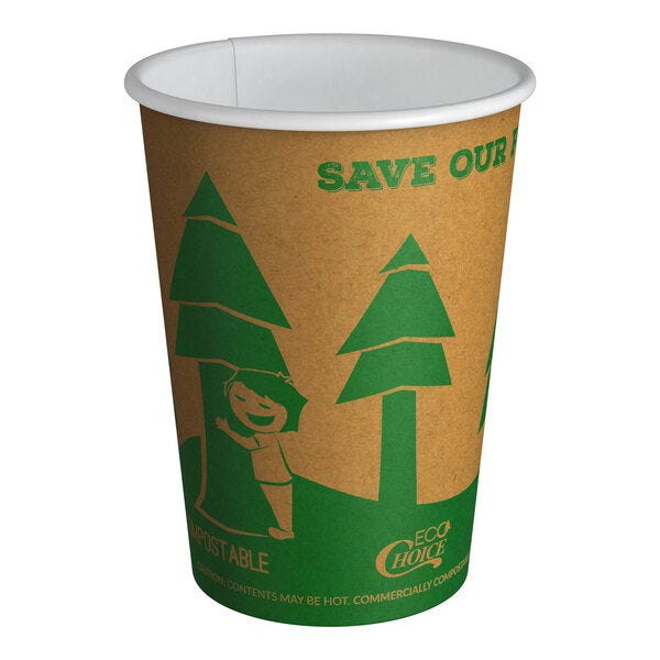 A 12 oz. compostable paper hot cup with a kraft tree print design and eco-friendly messaging.