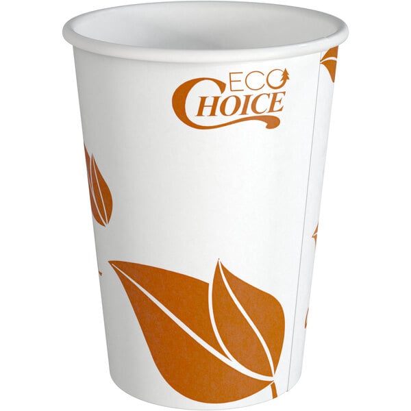A white EcoChoice paper hot cup with orange leaf print.