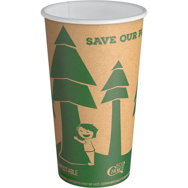 An EcoChoice Kraft paper hot cup with a tree print.