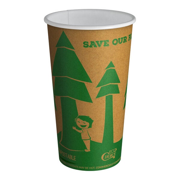 A 16 oz. compostable paper hot cup with a kraft background and green tree print design.