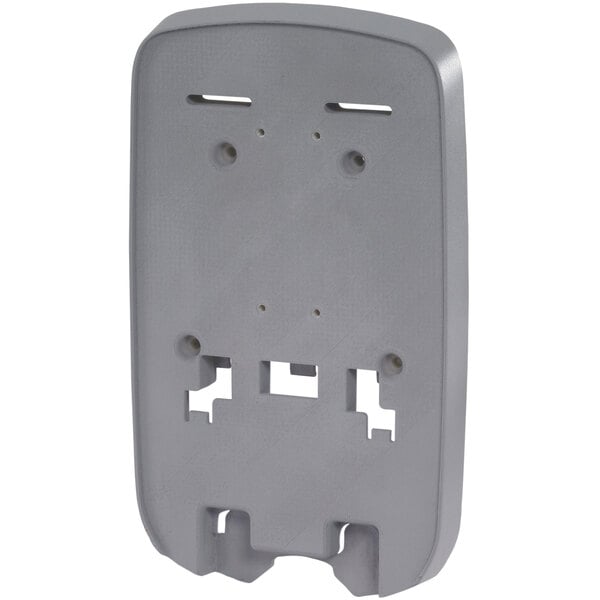 A gray plastic wall mounting plate with holes for Purell TFX hand sanitizer.