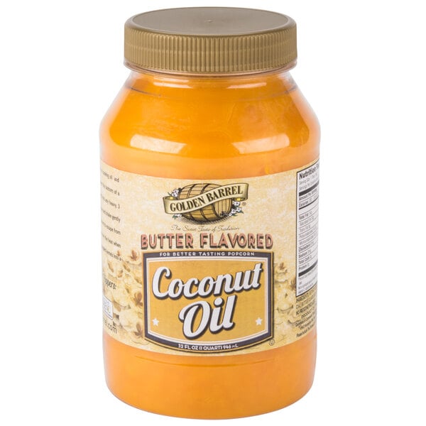 A jar of Golden Barrel butter flavored coconut oil on a counter.