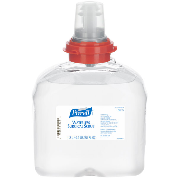 A case of four Purell TFX waterless surgical scrub bottles with red caps.