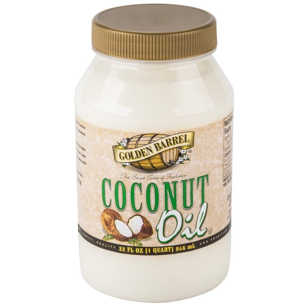 A case of 12 Golden Barrel 32 oz. jars of coconut oil with labels.