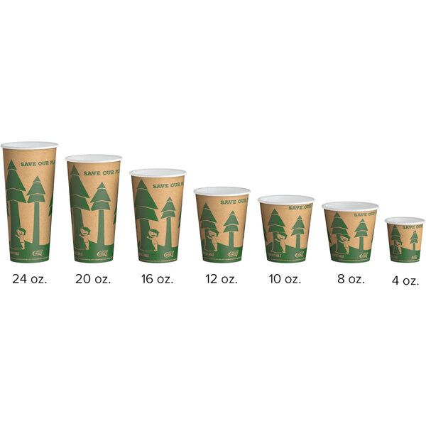 A row of EcoChoice Kraft paper hot cups with a tree print.