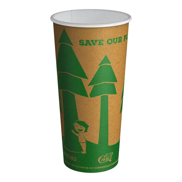 A 20 oz. compostable paper hot cup with a kraft tree print design and eco-friendly messaging.