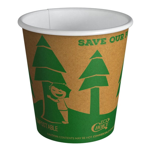A brown compostable paper hot cup with green tree and eco-friendly graphics.