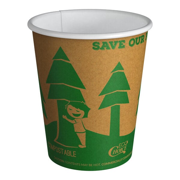 A 10 oz. compostable paper hot cup with a kraft tree print design.