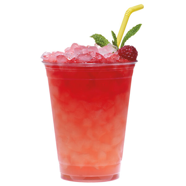 A red drink with Manitowoc nugget ice in a plastic cup.