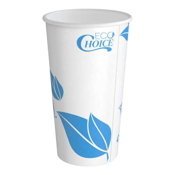 A white paper cup with blue leaf designs and the words 'Eco Choice' printed near the rim.