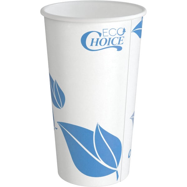 A white EcoChoice paper hot cup with blue leaves on it.