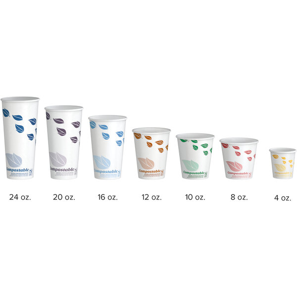 A row of EcoChoice paper hot cups with blue, brown, green, purple, red, and yellow leaf designs.