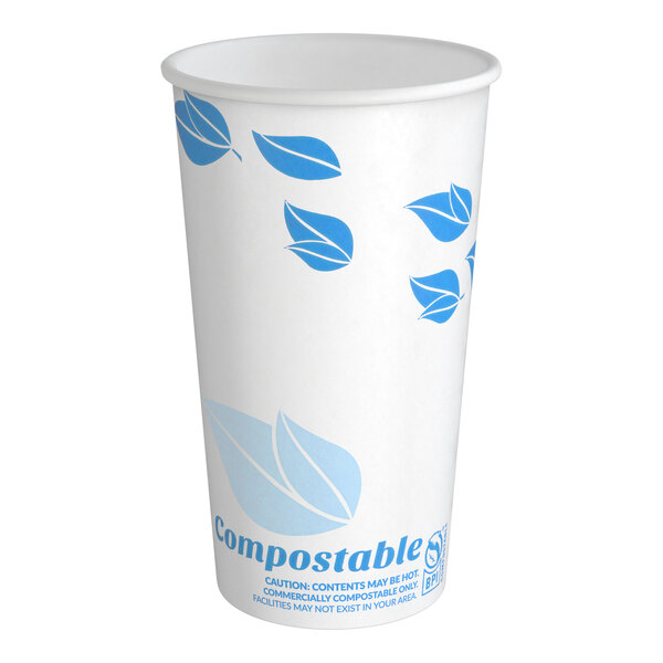 A white paper cup with blue leaf designs and the word 'Compostable' printed on it.