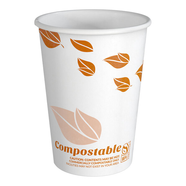 A white paper cup with brown leaf designs and the word 'Compostable' printed on it.