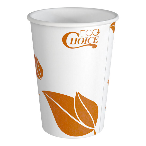 A white paper cup with orange leaf designs and the words 'Eco Choice' printed near the rim.