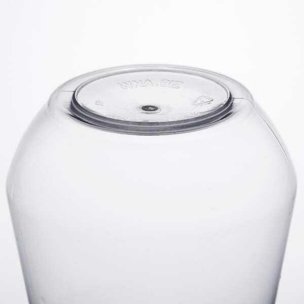 A clear plastic stemless wine goblet with a lid.
