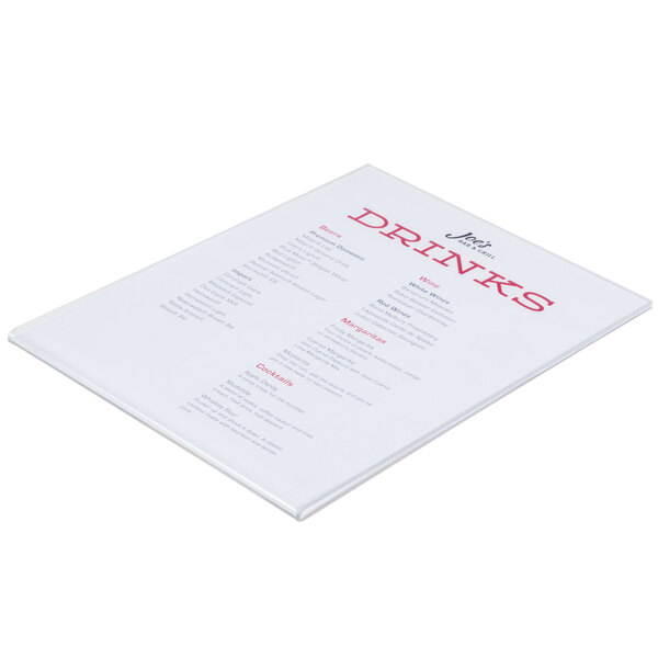 A white paper menu with red text in a Cal-Mil wall mount card holder.