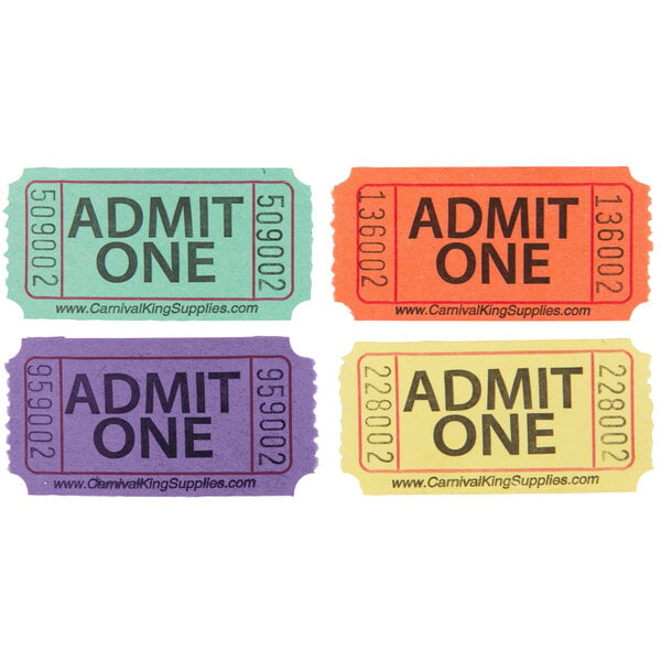 Carnival King Assorted 1-Part Admit One Tickets Set - Green, Orange,  Purple, Yellow