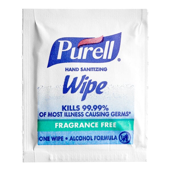 A white package of Purell hand sanitizing wipes with blue and green text.
