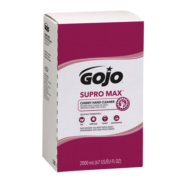 A white and blue box of 4 GOJO Supro Max Cherry hand cleaner refills.