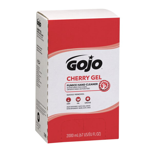 A red and white box of GOJO Cherry Gel Pumice Hand Cleaner with 4/Case.