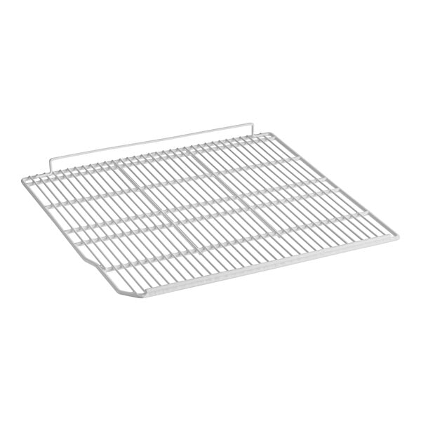 A white coated wire rack with a metal grid.