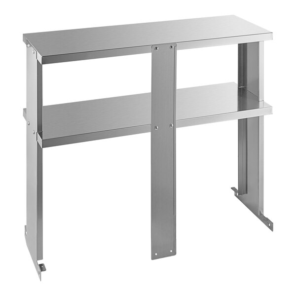 A silver metal Turbo Air stainless steel double overshelf with two shelves.