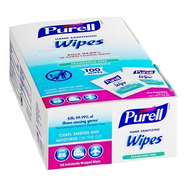 A Purell box of hand sanitizing wipes.