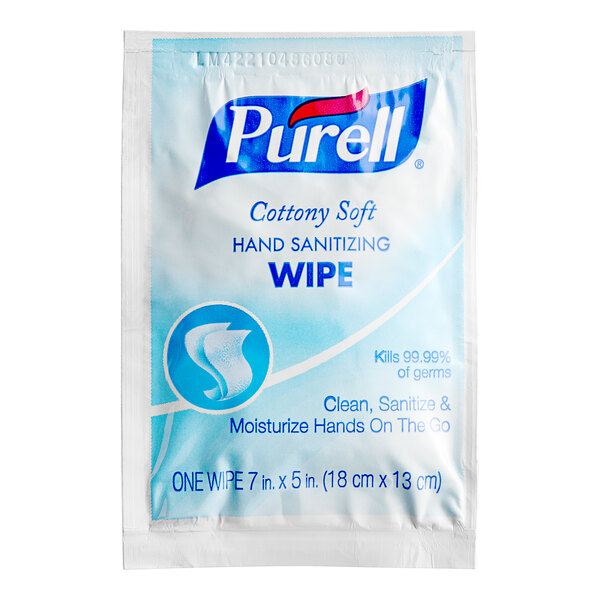 A white and blue Purell Cottony Soft Sanitizing Wipes package.