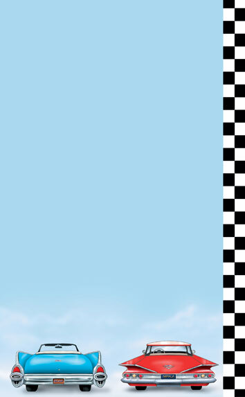 The right insert with a retro themed car design for menu paper featuring cartoon cars on a checkered background.