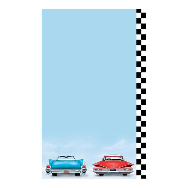 A sheet of paper with a light blue background, a black and white checkered border on the right, and illustrations of a blue and a red classic car at the bottom.
