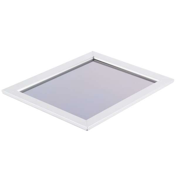 An Aarco satin aluminum snap frame with white border.