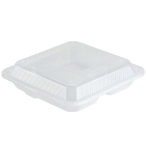 A clear plastic GET 3-compartment container with a lid.