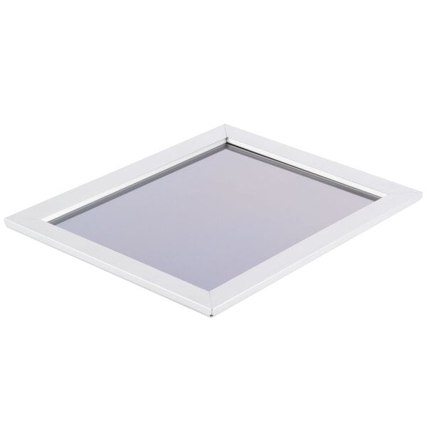 An Aarco satin aluminum snap frame with mitered corners with a white border.