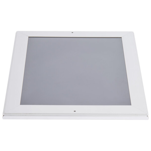 A white rectangular sign frame with mitered corners.