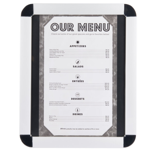 An Aarco satin aluminum snap frame with a black border holding a white menu.